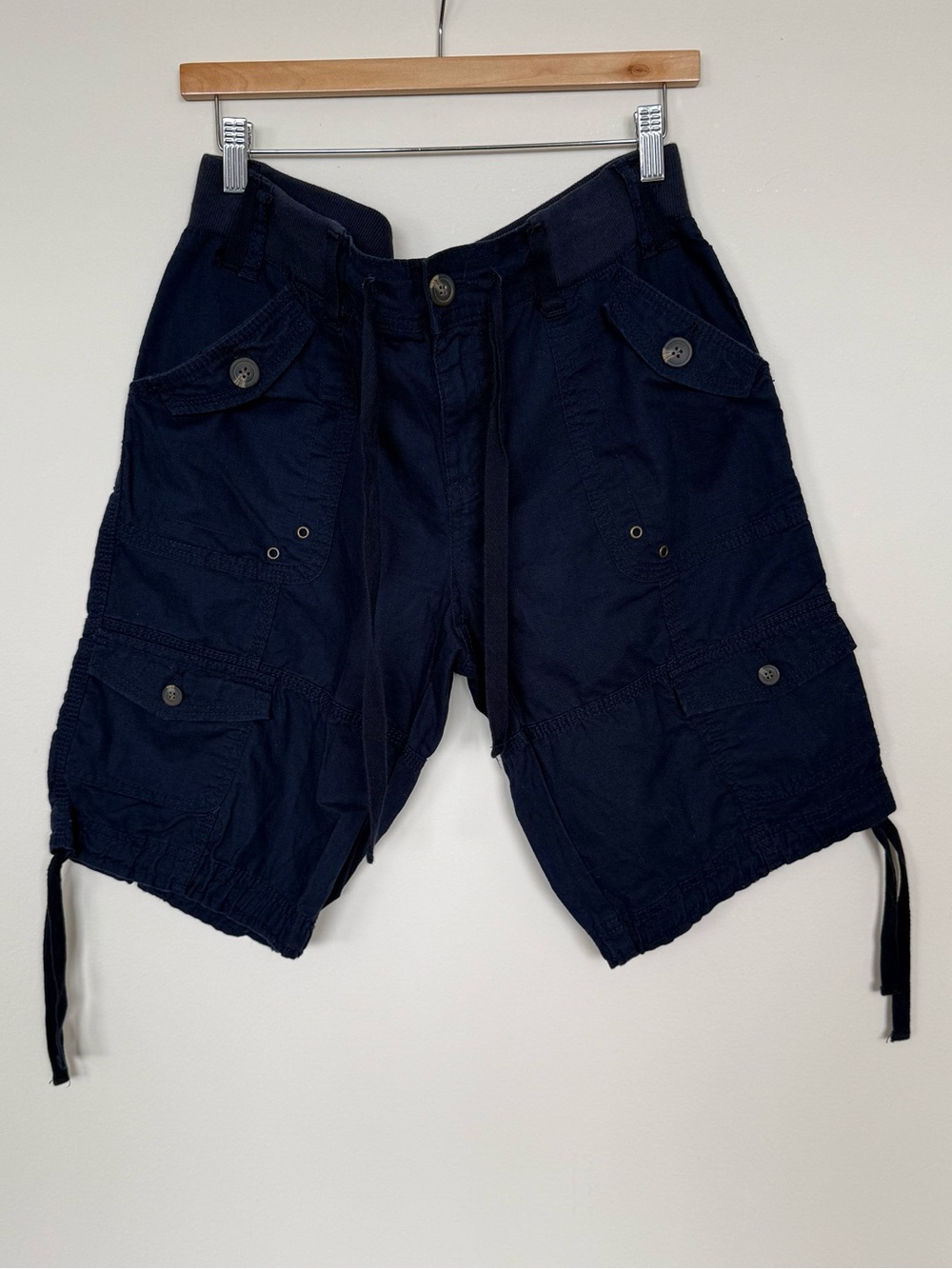 Vintage Y2K Faded Glory Navy Blue Cargo Shorts Bermuda Capri Drawstring Size 10